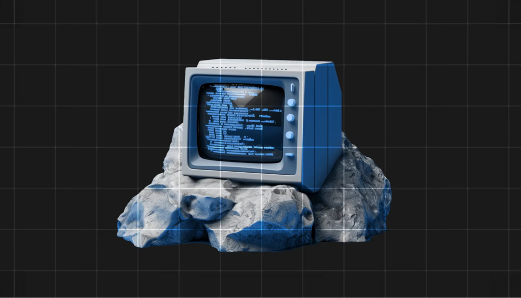 Render 3D de una computadora retro con pantalla azul que muestra código, sobre una roca, con fondo negro y cuadrícula.