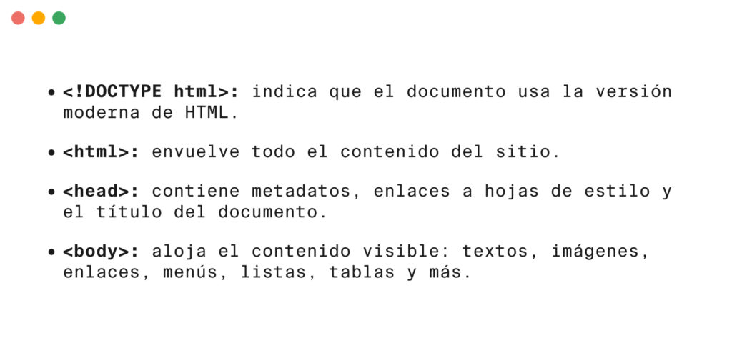 Diagrama que muestra la estructura básica de un documento HTML: DOCTYPE, html, head y body